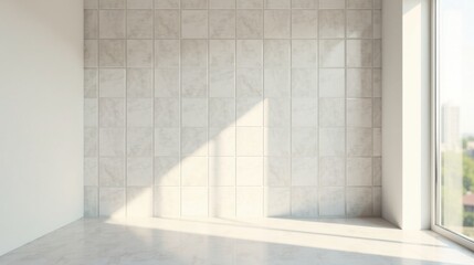 Poster - Bright Sunlight Illuminates a Clean, Minimalist Room with Tiled Walls and a Window