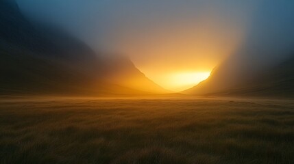 Aufkleber - A tranquil valley is enveloped in thick fog, while the first light of dawn breaks through, illuminating the scenery with a warm golden glow. This captivating moment captures nature’s serene beauty