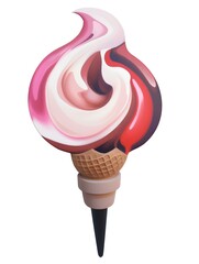 Poster - An abstract painting of an ice cream cone with swirling pink, white, and chocolate flavors, resembling a flame on a white background.