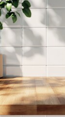 Fototapete - Sunlight illuminates an empty wooden countertop in a kitchen, casting shadows of a nearby plant against a backdrop of clean white tiles, creating a bright and inviting atmosphere