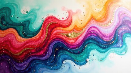 Poster - Abstract Colorful Swirling Wave Design with Gold Accents and Sparkling Elements