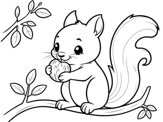 Canvas Print - Adorable Squirrel Enjoying a Nut on a Branch: A Delightful Coloring Page