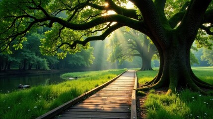 Aufkleber - Serene Sunrise Path Through Lush Green Woodland with Majestic Trees and Tranquil River