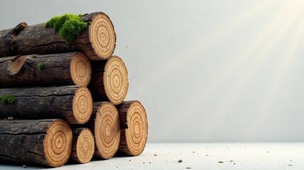 Aufkleber - Stacked Wood Logs with Natural Moss Accents on a Light Background