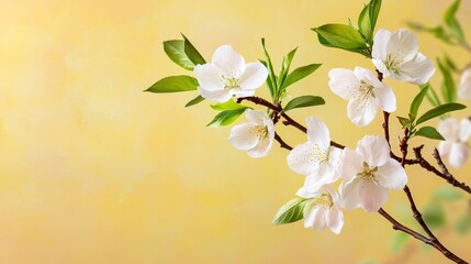 Poster - Delicate White Blossoms on a Branch with Soft Yellow Background for Spring Vibes