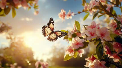 Poster - Elegant Butterfly in Flight Over Blossoming Pink Flowers at Sunset Glow