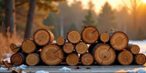 Aufkleber - Stack of Wooden Logs at Sunset in Winter