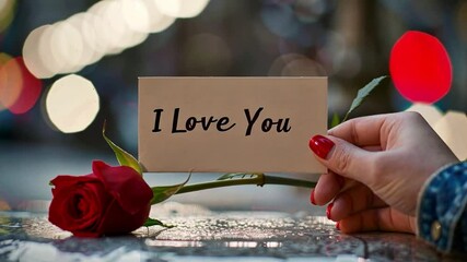 Aufkleber - A hand displays a card that reads I Love You, complemented by a fresh red rose. The backdrop features soft, colorful bokeh lights, creating a warm, romantic atmosphere.