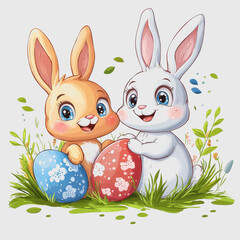 Wall Mural - Easter celebration with two adorable rabbits surrounded by colorful Easter eggs in lush green grass perfect for spring seasonal marketing and festive holiday promotions