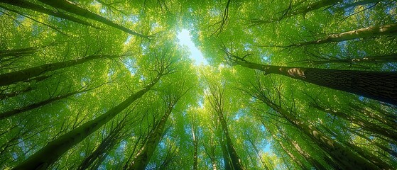 An immersive upward view of a vibrant green forest canopy, with tall, slender tree trunks extending gracefully toward a bright blue sky.