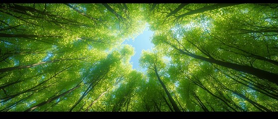 An immersive upward view of a vibrant green forest canopy, with tall, slender tree trunks extending gracefully toward a bright blue sky.