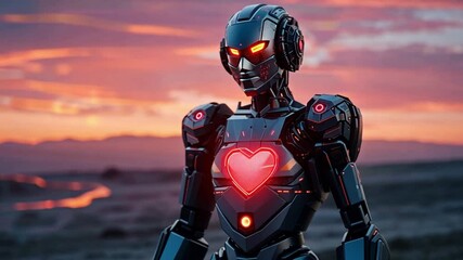 Poster - A sleek robot stands in a desolate area as the sun sets, illuminating its glowing heart.