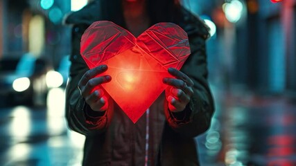 Poster - A person stands in a colorful urban environment at night, holding a glowing heart-shaped object. Raindrops glisten on the pavement, reflecting neon lights.