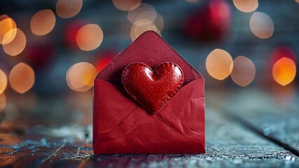 Poster - A striking red envelope adorned with a glittery heart sits on a textured surface. Soft lights in the background create a warm, romantic atmosphere, perfect for expressing love.