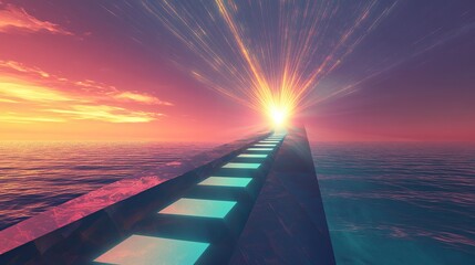 Poster - **A shimmering bridge of glowing triangular panels stretching across an endless fractal ocean