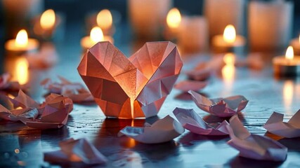 Aufkleber - An origami heart glows softly, surrounded by warm candlelight. Crumpled paper hearts are scattered on the wooden surface, creating an intimate and romantic atmosphere perfect for special occasions.