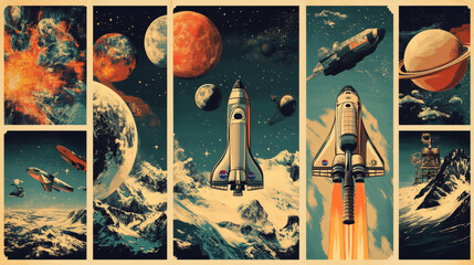 Poster - Outer space adventure, galaxy research vector rusty metal plates. Cosmonaut, satellite and shuttle in universe retro posters. Spaceman in galaxy, Universe exploration, cosmodrome vintage rust tin sign