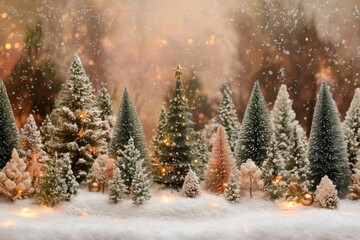 Wall Mural - miniature christmas trees covered in snow creating a festive scene with golden lights and ornaments