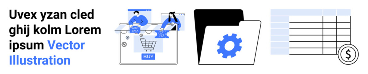 Team collaborating on an online shopping interface, gear icon on a black folder, financial data in a spreadsheet. Ideal for teamwork, e-commerce, project management, data organization, financial