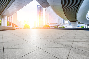 Wall Mural - Empty square floor and bridge with modern city building scenery in Shanghai. Outdoor city background.