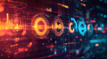 Poster - Circle futuristic HUD digital ui interface, data screen dashboard vector elements of Sci Fi game or vr head up display. High tech hologram circles with neon glowing statistics graphics and charts