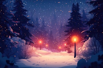 Wall Mural - Snow falling on path at night in winter forest landscape with street lamps
