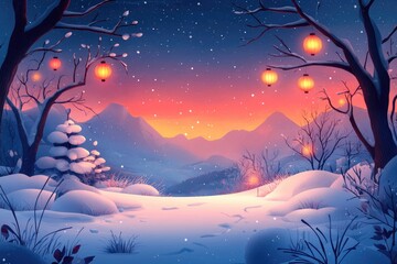 Wall Mural - snow falling on winter wonderland with hanging lanterns at sunset