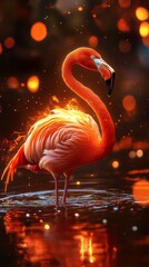Aufkleber - A magnificent flamingo stands in tranquil waters, its fiery feathers glowing like embers against a backdrop of shimmering lights