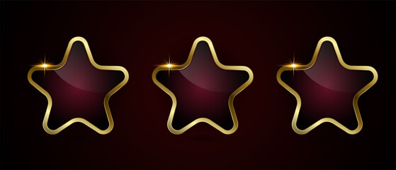 Set of three red luxury vector star buttons design on dark gradient background, three enclosed by a shiny gold metallics border. used in banner, button, web UI design, option concept