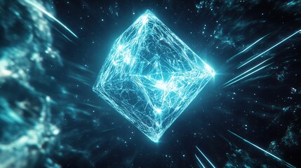 Poster - **A suspended tesseract glowing faintly with icy blue light