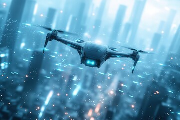 Poster - A sleek, advanced drone in flight, illuminated by neon blue accents, navigating through a futuristic urban skyline. Represents modern aerial technology, innovation, and smart city concepts.  
