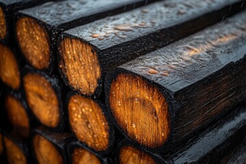 Close-up view of weathered wooden logs stacked together in a natural environment during rainfall