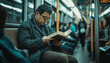 © goami - man in bus or subway reading interesting novel book while going to work or study