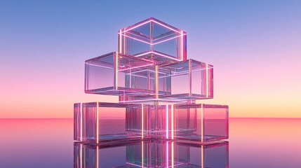 Poster - **A towering carefully stacked set of transparent cubes reflecting dynamic neon geometry within their interiors