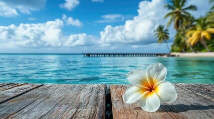 Wall Mural - A tropical flower in vivid detail, placed on a rustic pier with turquoise water and distant palm trees under a sunny sky