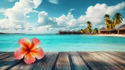 Wall Mural - A tropical flower in vivid detail, placed on a rustic pier with turquoise water and distant palm trees under a sunny sky