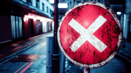 Wall Mural - Rusty red circle cross sign at night.