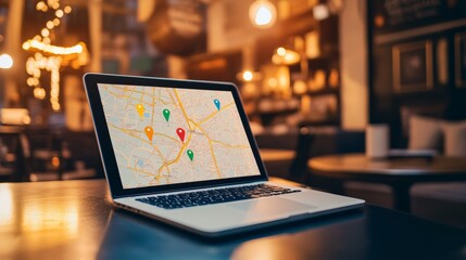Aufkleber - Open laptop displaying online map with colorful location pins sits on table in warm, inviting cafe, suggesting planning or navigating a journey