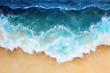 Wall Mural - vibrant ocean waves crashing on serene sandy beach with rich turquoise tones and lush white foam cre