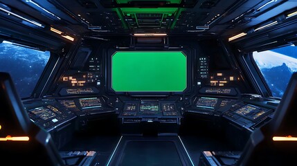 Spaceship cockpit with green screen and galaxy view.