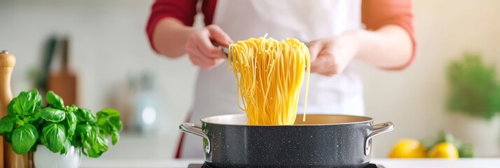 Poster - Professional chef preparing a delicious spaghetti dish, carefully lifting the cooked pasta from a pot in a bright, modern kitchen setting, surrounded by fresh basil and other ingredients