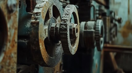 Close-up of rusty, aged industrial machine gears.