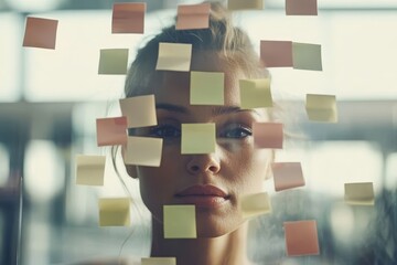 Poster - Young woman looking thoughtfully through a wall of colorful sticky notes in a modern office environment, symbolizing creativity and brainstorming ideas to increase productivity