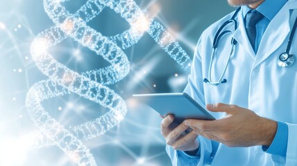 Aufkleber - Doctor utilizing a tablet while a dna strand serves as a backdrop, symbolizing advancements in medical research and innovation within the healthcare sector