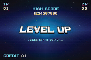 Poster - LEVEL UP. press start button. pixel art. 8 bit game. retro game. for game assets in vector illustrations.