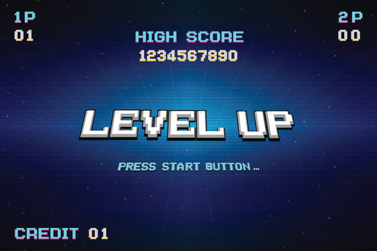 LEVEL UP. press start button. pixel art. 8 bit game. retro game. for game assets in vector illustrations.