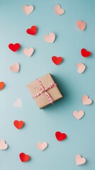 Poster - Small wrapped gift box adorned with red and white ribbon, surrounded by red and pink paper hearts, creating a romantic vibe on a pastel blue backdrop