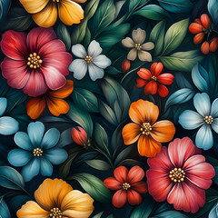 Wall Mural - Seamless floral pattern with vibrant colorful flowers and lush leaves on dark background