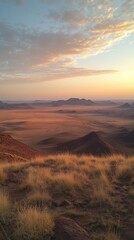 Aufkleber - Golden hour casts a warm glow over the expansive desert landscape, highlighting the contours of distant mountains and the vibrant hues of the earth. Grass frames the scene, adding texture