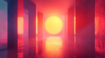 Poster - Intense acid inspired gradients glowing with vibrant brightness blending electric hazy contrasts and fluid tones in a futuristic architectural passage